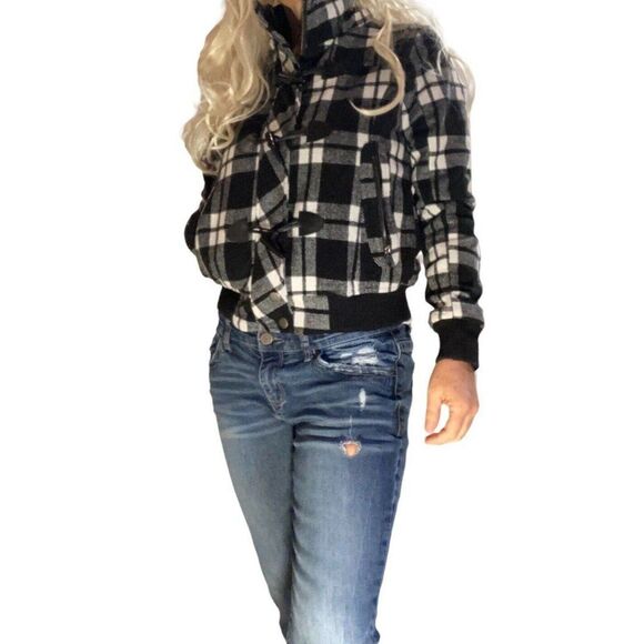 YMI black white check plaid pattern jacket coat full zipper short cool street - Picture 2 of 16